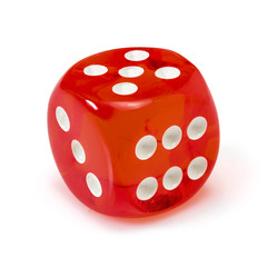 Red acrylic transparent dice for games. Gambling translucent dice isolated in a white background, macro closeup high resolution.