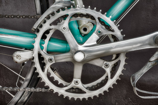 Close up of the derailleur of a vintage seventies racing bicycle