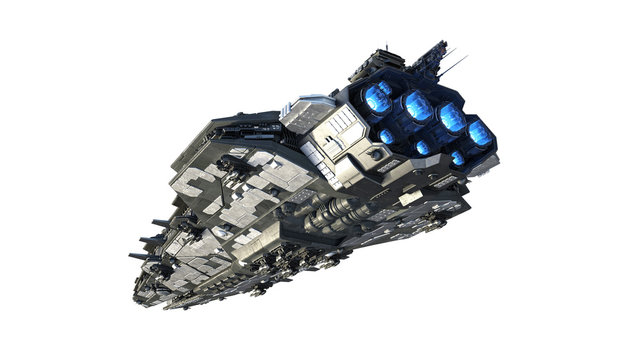 Alien spaceship flying, UFO spacecraft in flight isolated on white background, rear bottom view, 3D rendering