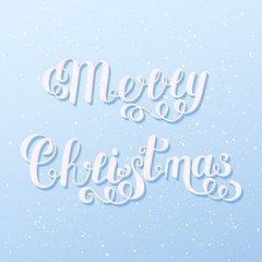 Fototapeta na wymiar Merry Christmas Handwritten Lettering White Text Isolated on Light Blue Snowy Background.