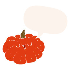 happy cartoon pumpkin and speech bubble in retro style