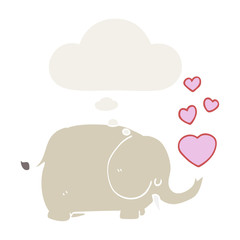 cute cartoon elephant with love hearts and thought bubble in retro style