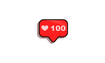 Likes notification vector illustration. Social media notification with one hundred likes. Red bubble with heart  isolated on white background.