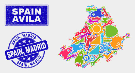 Mosaic service Avila Province map and Spain, Madrid seal stamp. Avila Province map collage made with scattered colorful equipment, palms, production items. Blue rounded Spain,