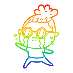 rainbow gradient line drawing cartoon crying woman wearing spectacles