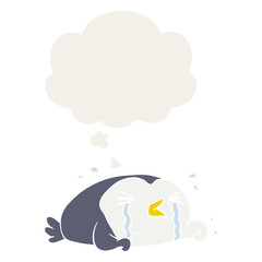 cartoon crying penguin and thought bubble in retro style