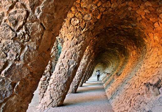 The "Portico de la Lavandera" ("Arcade of the laundress") in Park Guell (designed by Antoni Gaudi), Barcelona, Catalonia, Spain. 