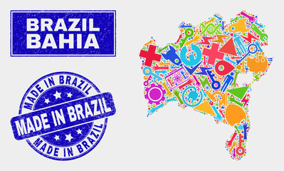 Mosaic industrial Bahia State map and Made in Brazil stamp. Bahia State map collage designed with randomized colorful equipment, hands, service items.