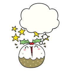 cute cartoon happy christmas pudding and thought bubble