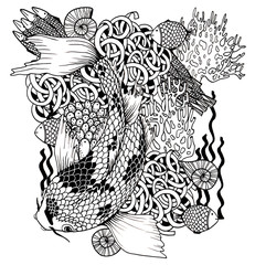 Koi fish illustration. Underwater design. Deep dark background. Black and white. Coloring page