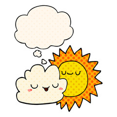 cartoon sun and cloud and thought bubble in comic book style