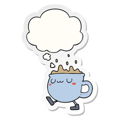 cartoon coffee cup walking and thought bubble as a printed sticker