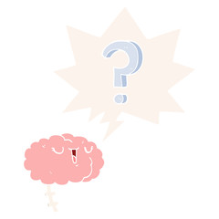 cartoon curious brain and speech bubble in retro style