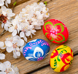 Obraz na płótnie Canvas Easter eggs and blossoming apricot on a wooden background.