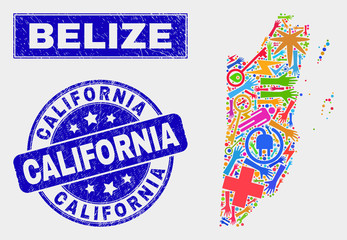 Mosaic service Belize map and California seal stamp. Belize map collage constructed with scattered colored tools, hands, security elements. Blue round California seal stamp with distress texture.