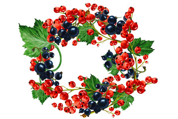 Wreath of red and black currants with leaves, watercolor.