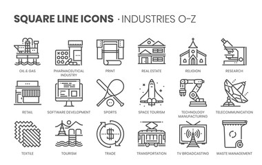 Industries related, square line vector icon set for applications and website development. The icon set is pixelperfect with 64x64 grid. Crafted with precision and eye for quality.