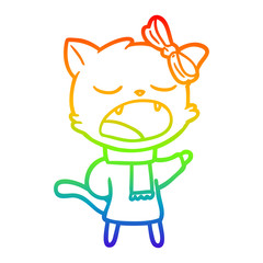 Fototapeta premium rainbow gradient line drawing cartoon cat in winter clothes