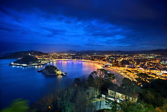 Panoramic view of San Sebastian - Donostia from Monte Igueldo. From right to left you can see, Ondarreta beach, La Concha beach and Santa Clara islet.