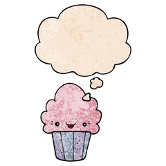 cartoon cupcake with face and thought bubble in grunge texture pattern style