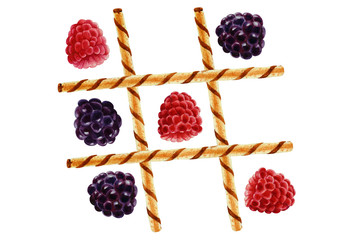 Waffle sticks, blackberry and raspberry, hand drawn watercolor illustration.