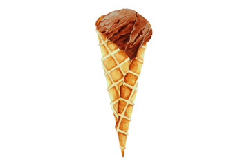 Chocolate ice cream in a waffle cone, hand drawn watercolor.