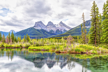 Three Sisters Mountain Peaks in the Canadian Rockies of Canmore, Alberta, Canada