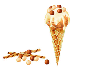 Caramel ice cream with a white chocolate in a waffle cone, watercolor.
