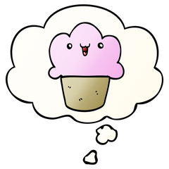 cartoon cupcake with face and thought bubble in smooth gradient style
