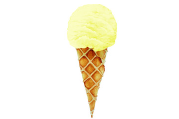Lemon ice cream in a waffle cone, hand drawn watercolor illustration.