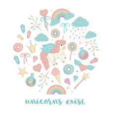 Vector set of cute watercolor style unicorn, rainbow, clouds, donuts, crown, crystals, hearts. Sweet girlish illustration framed in circle. Fairytale theme. Good for textile, stationery