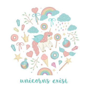 Vector set of cute watercolor style unicorn, rainbow, clouds, donuts, crown, crystals, hearts. Sweet girlish illustration framed in circle. Fairytale theme. Good for textile, stationery © Lexi Claus