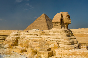Great pyramid of Cheops and Sphinx in Giza plateau. Cairo, Egypt