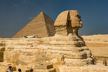 Great pyramid of Cheops and Sphinx in Giza plateau. Cairo, Egypt