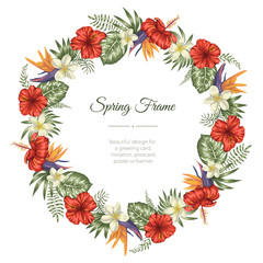 Vector frame template with tropical leaves and flowers on white background. Vertical layout card with place for text. Spring or summer design for invitation, wedding, party, promo events..