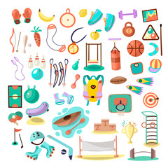 Kids doing sport games, vector cartoon illustration. Playing, jumping, swimming boys and girls with sports equipment, balls. Sport games and summer kids activities with equipment on white background