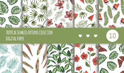 Vector tropical seamless patterns collection. Summer or spring repeat tropic backdrops set. Trendy exotic jungle ornaments..