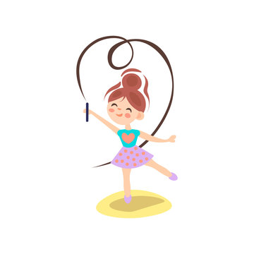 Young ballerina in motion. Rhythmic gymnastics. Teenage sport, healthy teen lifestyle. Pretty girl with flying ribbons, dance on white background, ballet concept, cartoon vector illustration