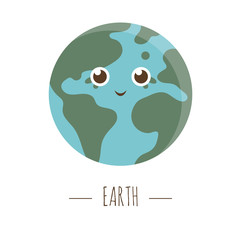 Vector earth illustration for children. Bright and cute flat picture of smiling planet isolated on white background. Space concept.  .