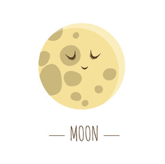 Vector moon illustration for children. Bright and cute flat picture of smiling planet isolated on white background. Space concept.  .