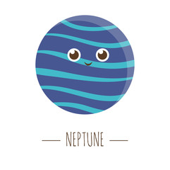 Vector Neptune illustration for children. Bright and cute flat picture of smiling planet isolated on white background. Space concept.  .