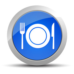 Plate with fork and knife icon blue round button illustration