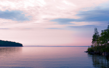 Sunset landscape on Lake Ladoga.