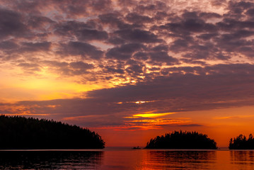 Panorama of the bay on Lake Ladoga at sunset.