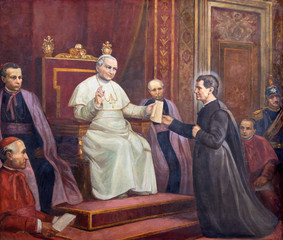 CATANIA, ITALY - APRIL 8, 2018: The painting of Don Bosco before the pope (founding of the order of...