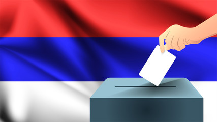 Male hand puts down a white sheet of paper with a mark as a symbol of a ballot paper against the background of the Russia flag, Russia the symbol of elections