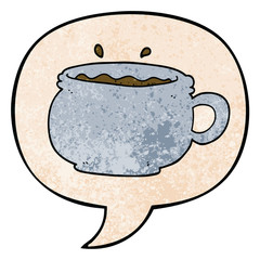 cartoon hot cup of coffee and speech bubble in retro texture style
