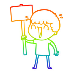 rainbow gradient line drawing laughing cartoon man waving placard