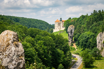      Castle on the hill in Ojcow National Park Poland - Pieskowa Skala, Hercules's mace rock 