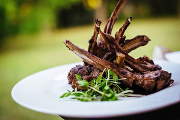 Fried ribs with sweet sauce in a plate outdoors